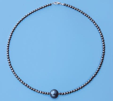 Sterling Silver Necklace with Peacock 15-16mm Round Shape Freshwater Pearl and Hematite