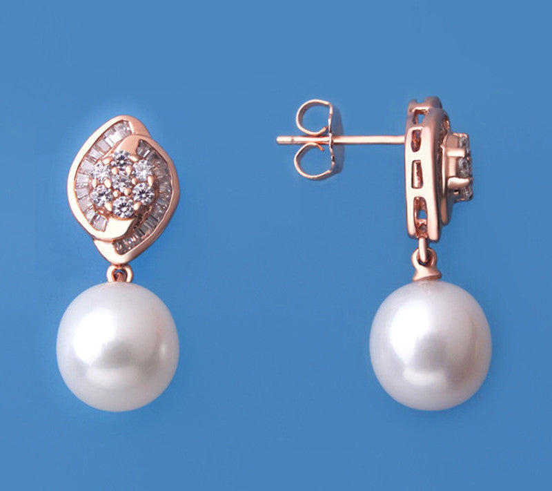 Rose Gold Plated Silver Earrings with 9.5-10mm Drop Shape Freshwater Pearl and Cubic Zirconia - Wing Wo Hing Jewelry Group - Pearl Jewelry Manufacturer