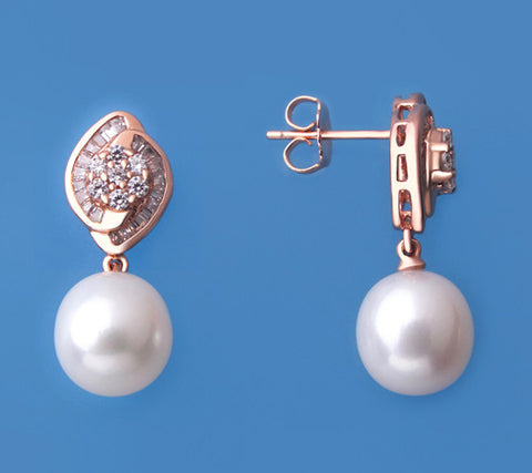Rose Gold Plated Silver Earrings with 9.5-10mm Drop Shape Freshwater Pearl and Cubic Zirconia