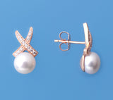 Rose Gold Plated Silver Earrings with 7.5-8mm Button Shape Freshwater Pearl and Cubic Zirconia - Wing Wo Hing Jewelry Group - Pearl Jewelry Manufacturer