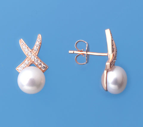Rose Gold Plated Silver Earrings with 7.5-8mm Button Shape Freshwater Pearl and Cubic Zirconia