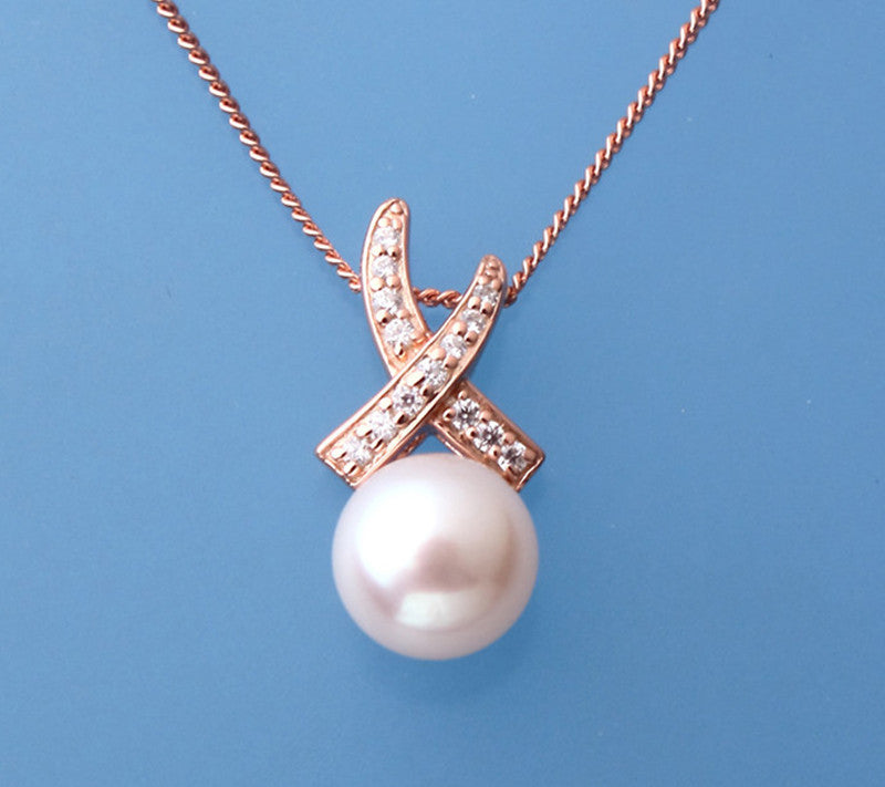 Rose Gold Plated Silver Pendant with 8-8.5mm Button Shape Freshwater Pearl and Cubic Zirconia - Wing Wo Hing Jewelry Group - Pearl Jewelry Manufacturer