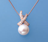 Rose Gold Plated Silver Pendant with 8-8.5mm Button Shape Freshwater Pearl and Cubic Zirconia - Wing Wo Hing Jewelry Group - Pearl Jewelry Manufacturer