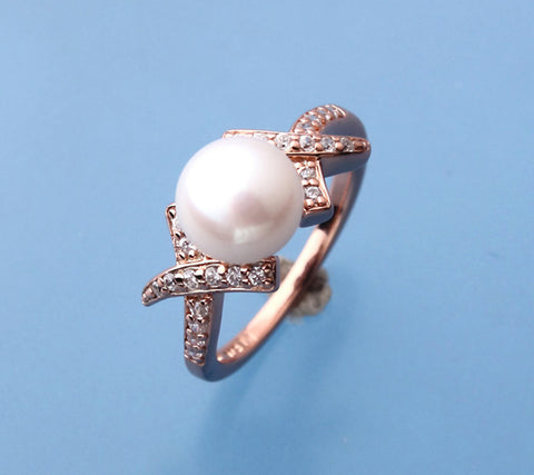 Rose Gold Plated Silver Ring with 8-8.5mm Button Shape Freshwater Pearl and Cubic Zirconia