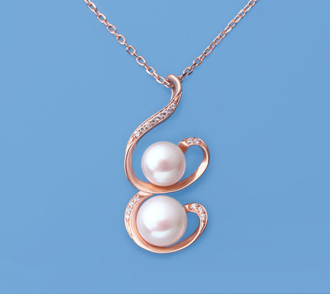 Rose Gold Plated Silver Pendant with 9-10.5mm  Button Shape Freshwater Pearl and Cubic Zirconia