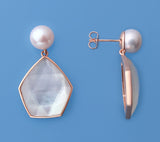 Rose Gold Plated Silver Earrings with 8.5-9mm Button Shape Freshwater Pearl and Mother of Pearl - Wing Wo Hing Jewelry Group - Pearl Jewelry Manufacturer