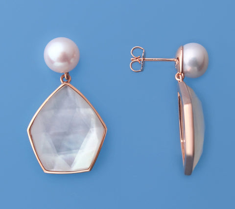 Rose Gold Plated Silver Earrings with 8.5-9mm Button Shape Freshwater Pearl and Mother of Pearl