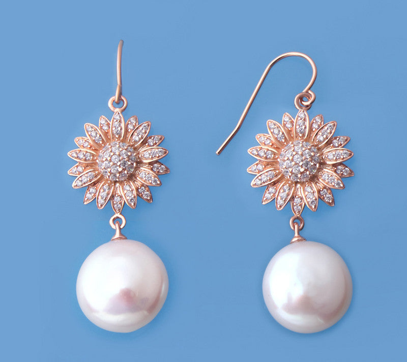 Rose Gold Plated Silver Earrings with 13-14mm Coin Shape Freshwater Pearl and Cubic Zirconia - Wing Wo Hing Jewelry Group - Pearl Jewelry Manufacturer