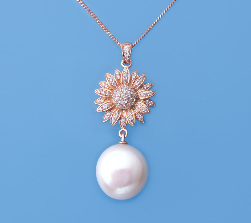 Rose Gold Plated Silver Pendant with 13-14mm Coin Shape Freshwater Pearl and Cubic Zirconia - Wing Wo Hing Jewelry Group - Pearl Jewelry Manufacturer