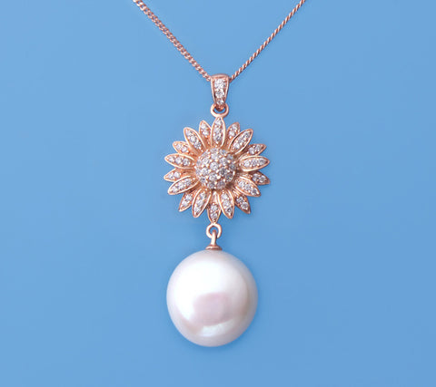 Rose Gold Plated Silver Pendant with 13-14mm Coin Shape Freshwater Pearl and Cubic Zirconia