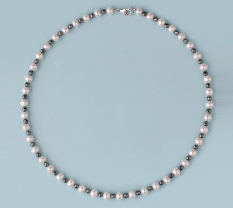 Sterling Silver Necklace with 6-6.5mm Potato Shape Freshwater Pearl and Hematite