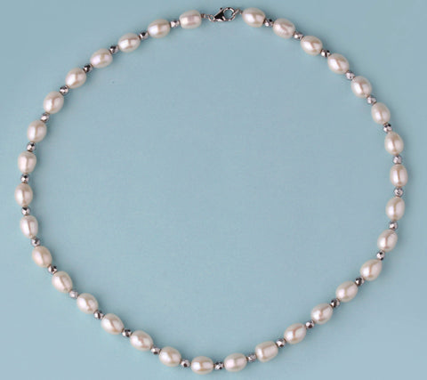 Sterling Silver Necklace with 7.5-8mm Oval Shape Freshwater Pearl andHematite