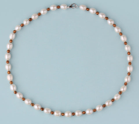 Sterling Silver Necklace with 7.5-8mm Oval Shape Freshwater Pearl and Hematite