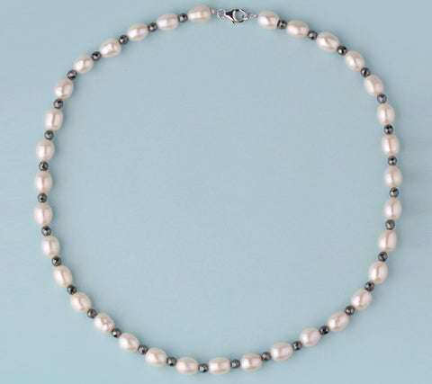 Sterling Silver Necklace with 7.5-8mm Oval Shape Freshwater Pearl and Hematite