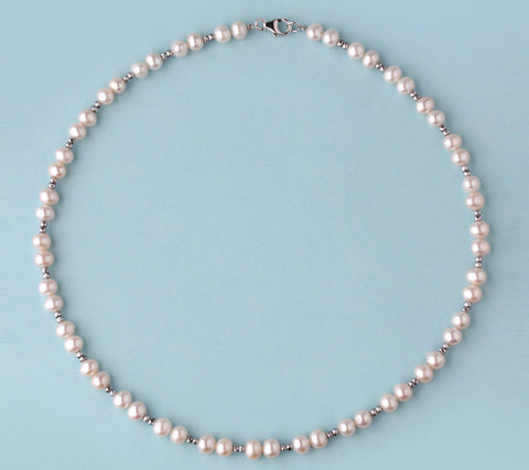 Sterling Silver Necklace with 6-6.5mm Potato Shape Freshwater Pearl and Hematite