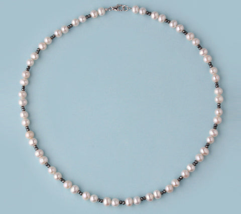 Sterling Silver Necklace with 6-6.5mm Potato Shape Freshwater Pearl and Hematite