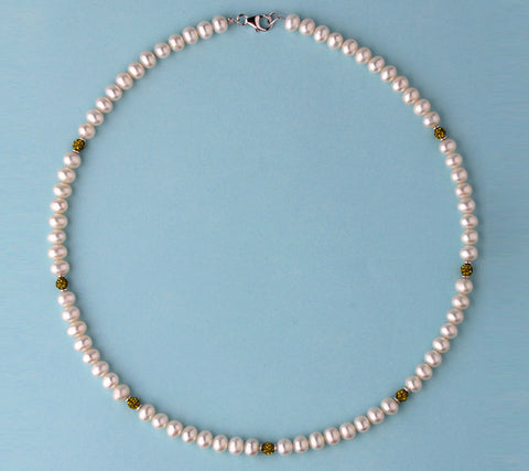 Sterling Silver Necklace with 5.5-6mm Potato Shape Freshwater Pearl and Crystal Ball