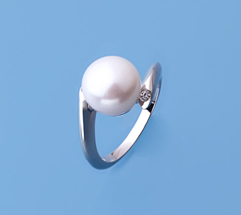 Sterling Silver Ring with 9.5-10mm Button Shape Freshwater Pearl and Cubic Zirconia