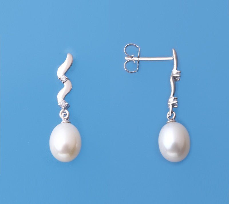 Sterling Silver Earrings with 7-7.5mm Drop Shape Freshwater Pearl and Cubic Zirconia - Wing Wo Hing Jewelry Group - Pearl Jewelry Manufacturer