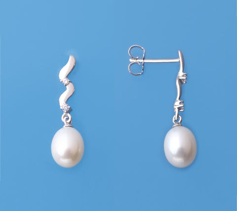 Sterling Silver Earrings with 7-7.5mm Drop Shape Freshwater Pearl and Cubic Zirconia