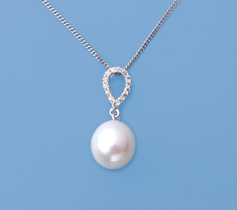 Sterling Silver Pendant with 9-9.5mm Drop Shape Freshwater Pearl and Cubic Zirconia