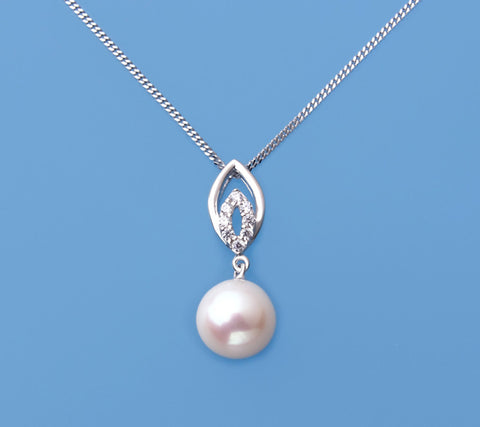 Sterling Silver Pendant with 9-9.5mm Round Shape Freshwater Pearl and Cubic Zirconia