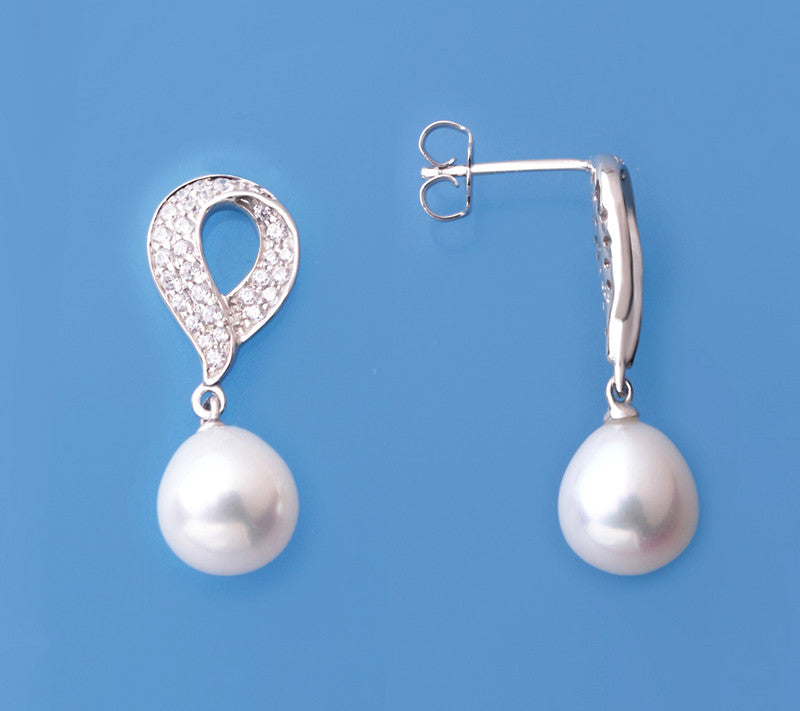 Sterling Silver Earrings with 9-9.5mm Drop Shape Freshwater Pearl and Cubic Zirconia - Wing Wo Hing Jewelry Group - Pearl Jewelry Manufacturer