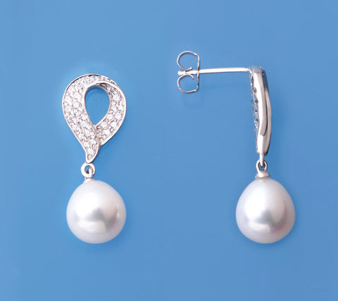 Sterling Silver Earrings with 9-9.5mm Drop Shape Freshwater Pearl and Cubic Zirconia