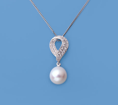 Sterling Silver Pendant with 9-9.5mm Drop Shape Freshwater Pearl and Cubic Zirconia