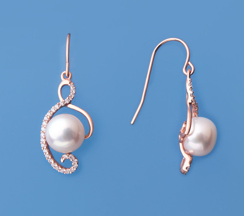 Rose Gold Plated Silver Earrings with 8-8.5mm Button Shape Freshwater Pearl and Cubic Zirconia - Wing Wo Hing Jewelry Group - Pearl Jewelry Manufacturer