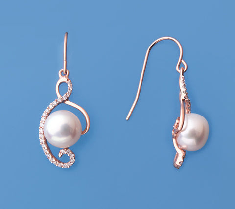 Rose Gold Plated Silver Earrings with 8-8.5mm Button Shape Freshwater Pearl and Cubic Zirconia