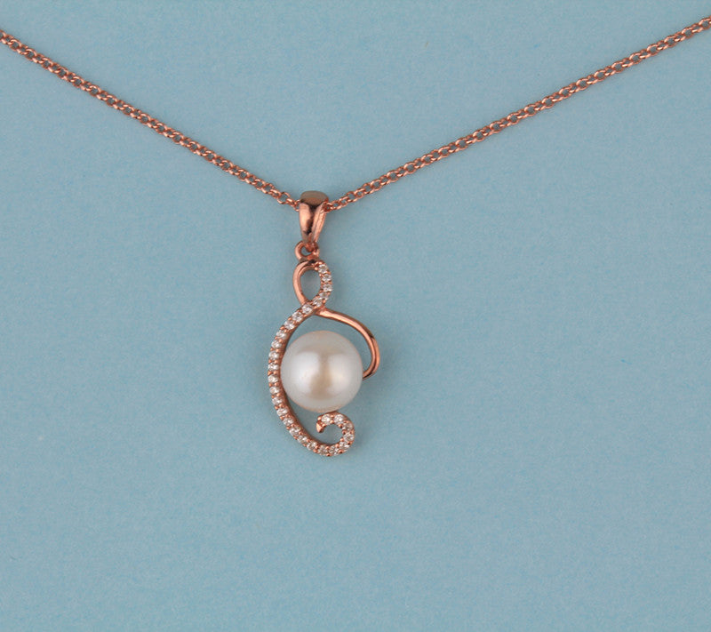 Rose Gold Plated Silver Pendant with 8-8.5mm Button Shape Freshwater Pearl and Cubic Zirconia - Wing Wo Hing Jewelry Group - Pearl Jewelry Manufacturer