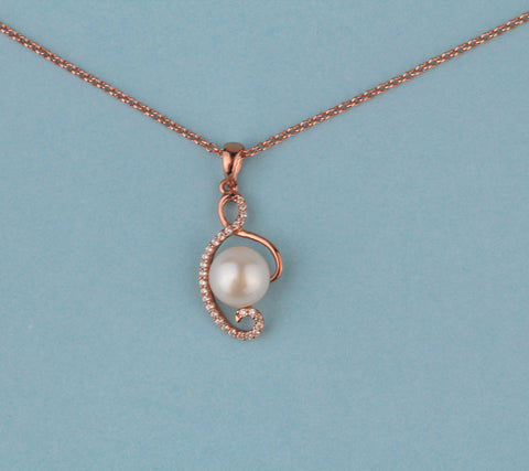 Rose Gold Plated Silver Pendant with 8-8.5mm Button Shape Freshwater Pearl and Cubic Zirconia