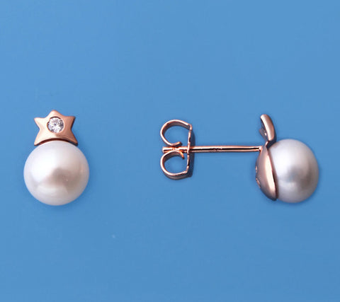 Rose Gold Plated Silver Earrings with 7-7.5mm Button Shape Freshwater Pearl and Cubic Zirconia