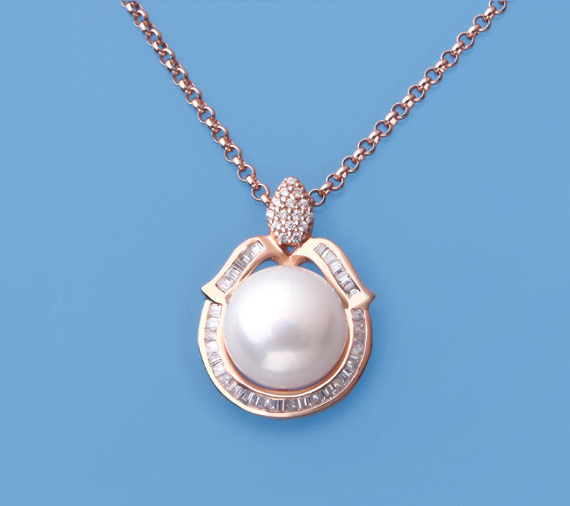 Rose Gold Plated Silver Pendant with 10.5-11mm button Shape Freshwater Pearl and Cubic Zirconia - Wing Wo Hing Jewelry Group - Pearl Jewelry Manufacturer