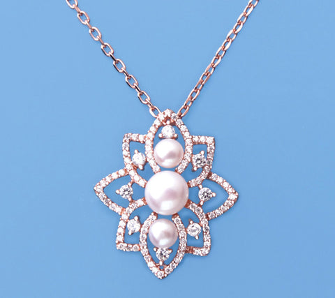 Rose Gold Plated Silver Pendant with Button Shape Freshwater Pearl and Cubic Zirconia