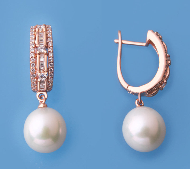 Rose Gold Plated Silver Earrings with 10.5-11mm Drop Shape Freshwater Pearl and Cubic Zirconia - Wing Wo Hing Jewelry Group - Pearl Jewelry Manufacturer