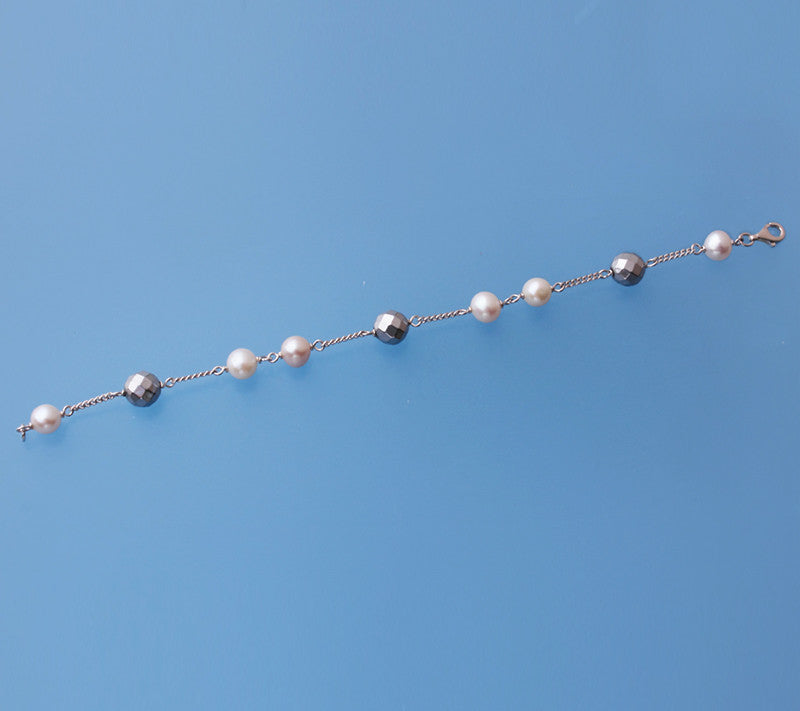 Sterling Silver Bracelet with 6.5-7mm Potato Shape Freshwater Pearl and Hematite - Wing Wo Hing Jewelry Group - Pearl Jewelry Manufacturer