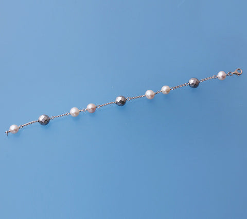 Sterling Silver Bracelet with 6.5-7mm Potato Shape Freshwater Pearl and Hematite