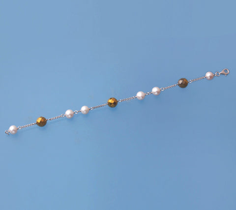Sterling Silver Bracelet with 6.5-7mm Potato Shape Freshwater Pearl and Hematite