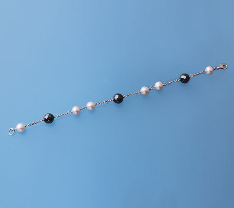 Sterling Silver Bracelet with 6.5-7mm Potato Shape Freshwater Pearl and Hematite