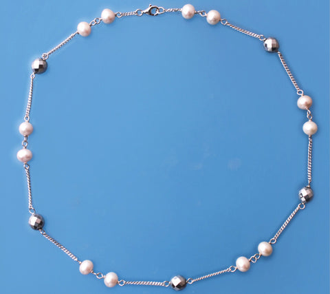 Sterling Silver Necklace with 6.5-7mm Potato Shape Freshwater Pearl and Hematite