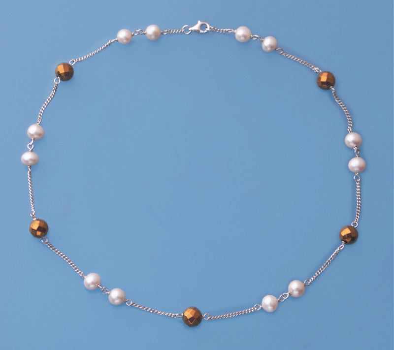 Sterling Silver Necklace with 6.5-7mm Potato Shape Freshwater Pearl and Hematite - Wing Wo Hing Jewelry Group - Pearl Jewelry Manufacturer