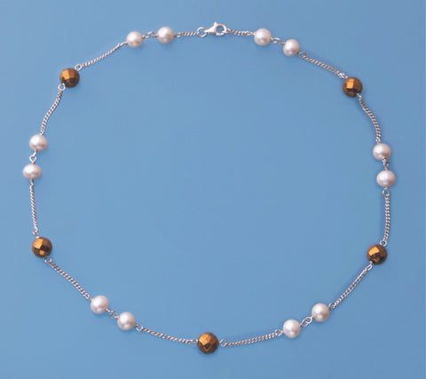 Sterling Silver Necklace with 6.5-7mm Potato Shape Freshwater Pearl and Hematite