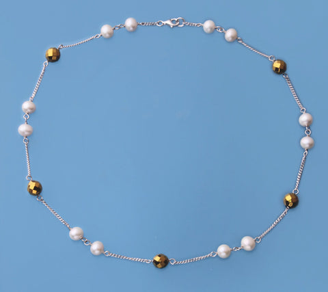 Sterling Silver Necklace with 6.5-7mm Potato Shape Freshwater Pearl and Hematite