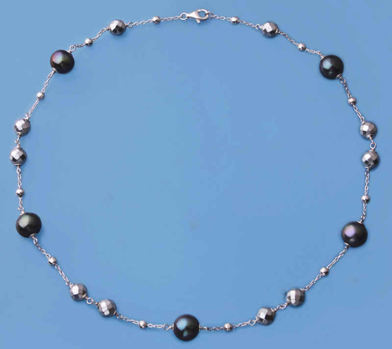 Sterling Silver Necklace with 11-11.5mm Round Shape Freshwater Pearl and Hematite - Wing Wo Hing Jewelry Group - Pearl Jewelry Manufacturer