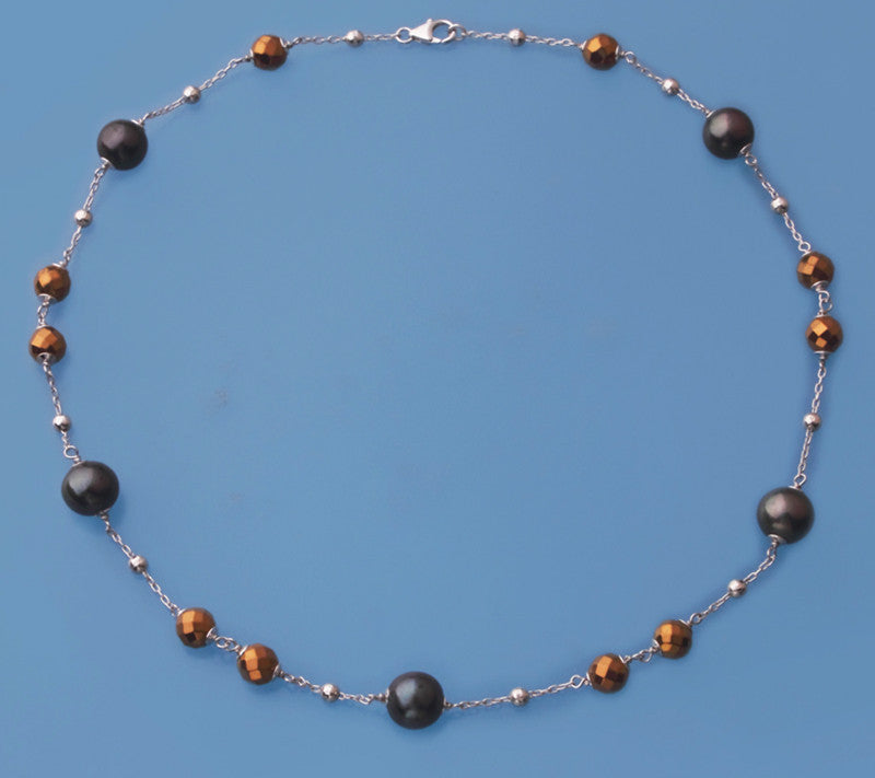 Sterling Silver Necklace with 11-11.5mm Round Shape Freshwater Pearl and Hematite - Wing Wo Hing Jewelry Group - Pearl Jewelry Manufacturer