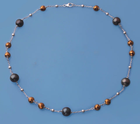 Sterling Silver Necklace with 11-11.5mm Round Shape Freshwater Pearl and Hematite