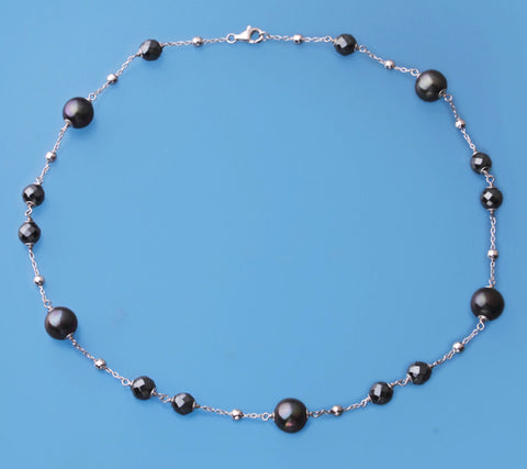 Sterling Silver Necklace with 11-11.5mm Round Shape Freshwater Pearl and Hematite