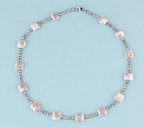 Sterling Silver Necklace with Straight Square Freshwater Pearl and Hematite